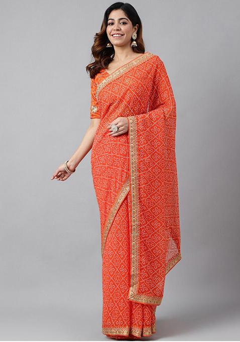 Orange Bandhani Print Soft Georgette Saree Set