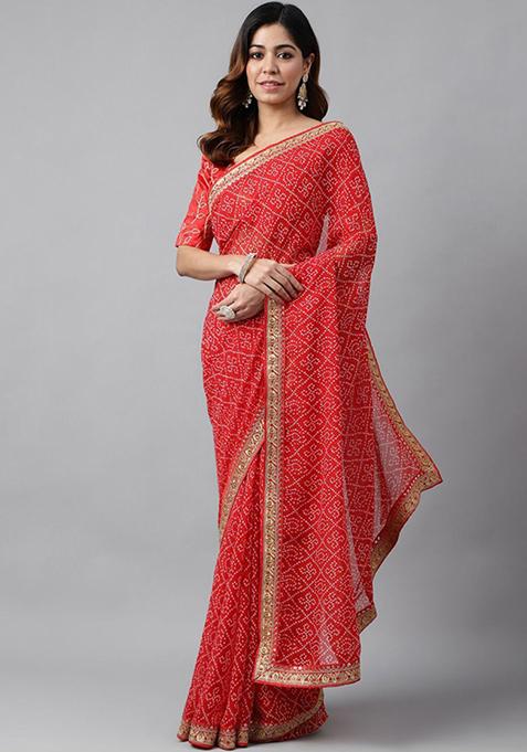 Red Bandhani Print Soft Georgette Saree Set