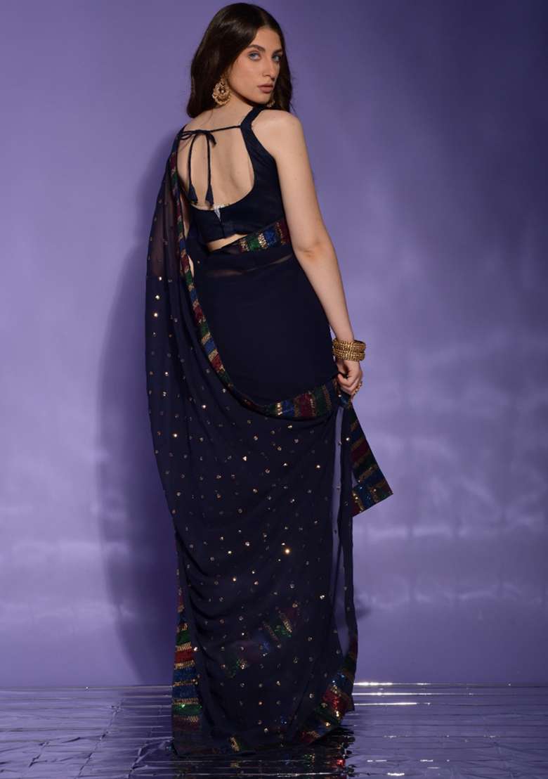 Blue Georgette Saree Set with Embroidered & Sequin for Diwali | Wedding & Festive Wear - Indya