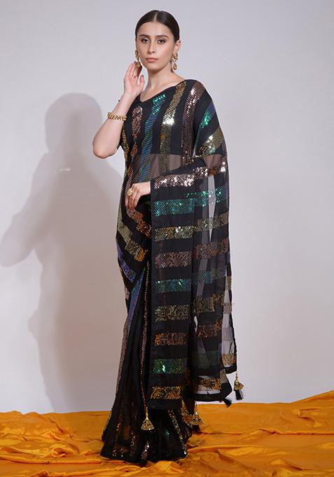 Black Sequin Embroidered Georgette Saree Set