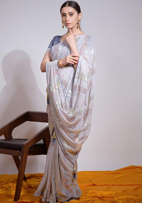 Off White Sequin Embroidered Georgette Saree Set