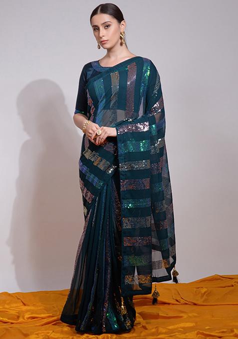 Teal Blue Sequin Embroidered Georgette Saree Set