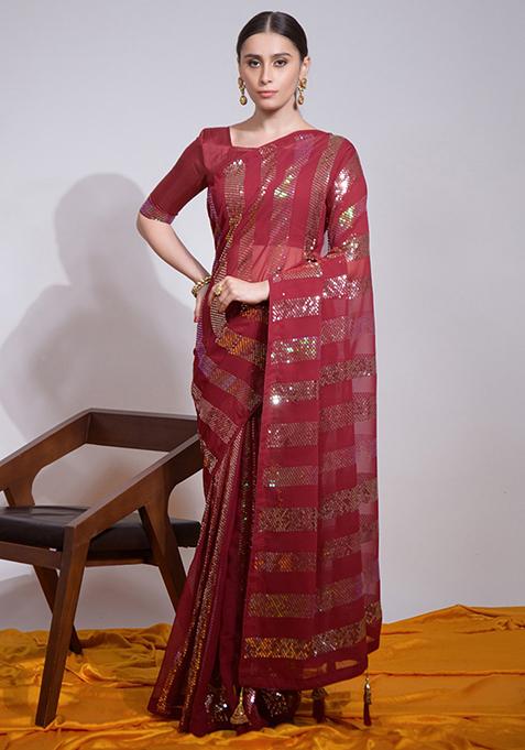 Maroon Sequin Embroidered Georgette Saree Set