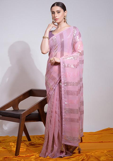 Baby Pink Sequin Embroidered Georgette Saree Set