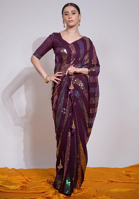 Wine Sequin Embroidered Georgette Saree Set