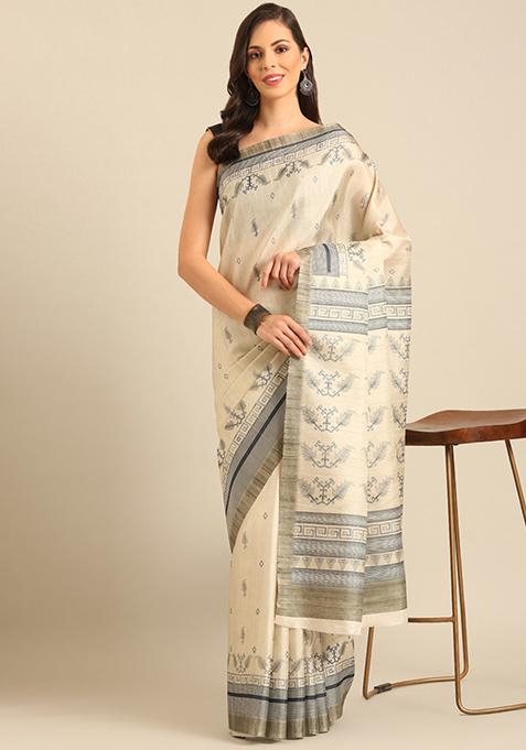 Off White Woven Design Cotton Saree Set