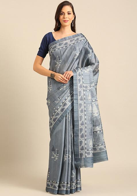 Grey Woven Design Cotton Saree Set