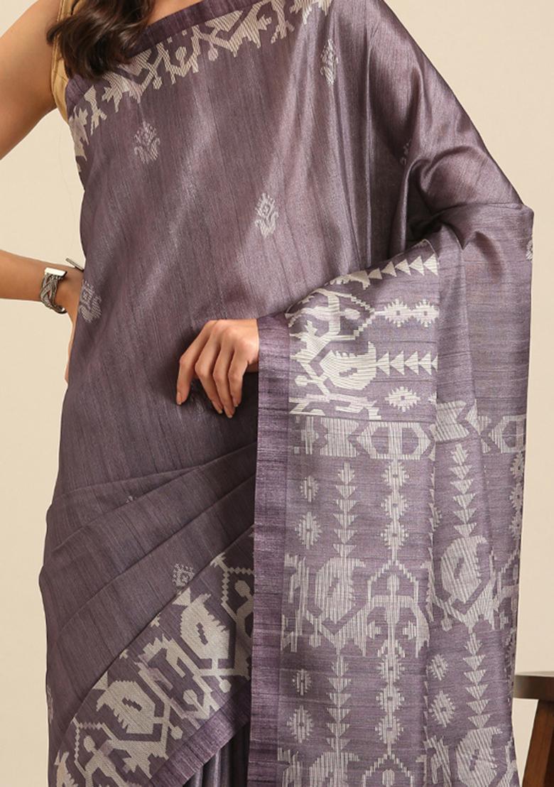 Dark Grey Woven Design Cotton Saree Set