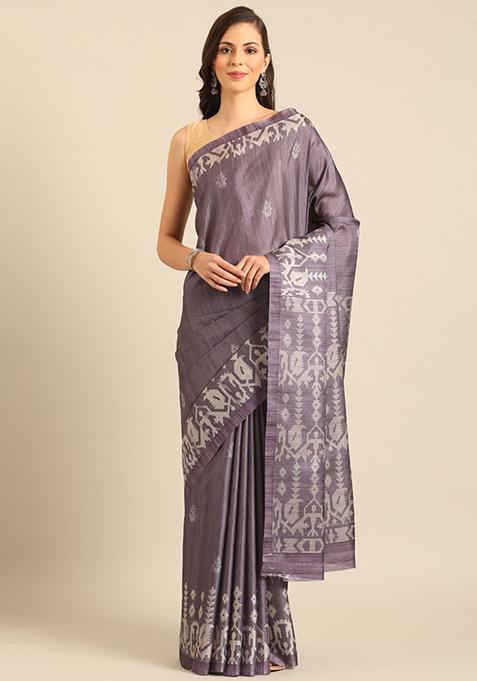 Dark Grey Woven Design Cotton Saree Set