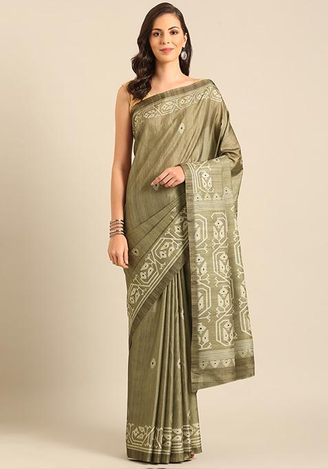 Beige Woven Design Cotton Saree Set