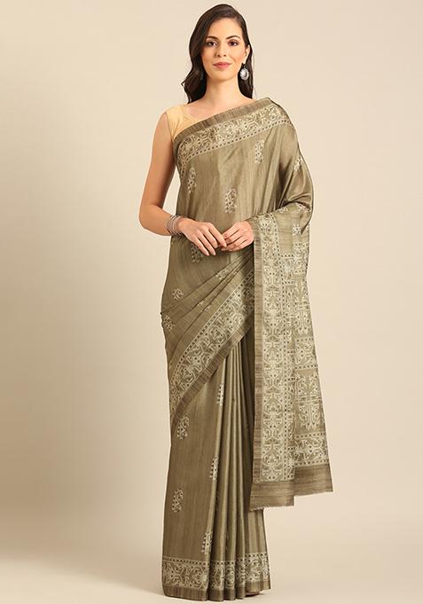 Beige Woven Work Cotton Saree Set