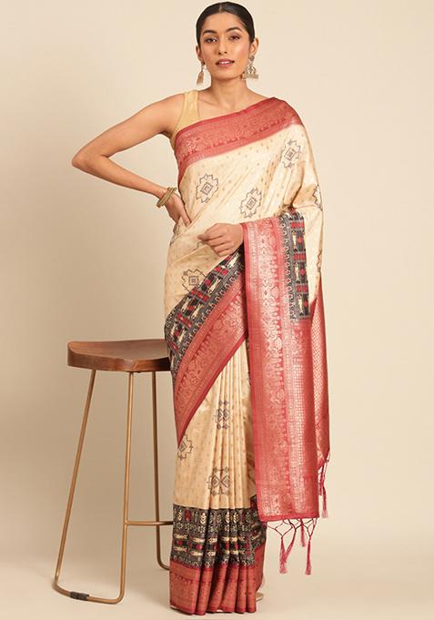 Off White Woven Design Silk Saree Set