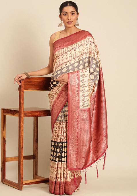 Off White Woven Work Silk Saree Set