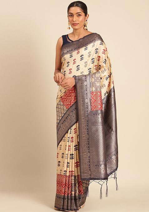 Off White Woven Design Silk Saree Set