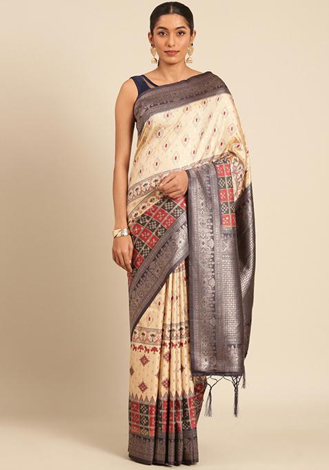 Off White Woven Design Silk Saree Set