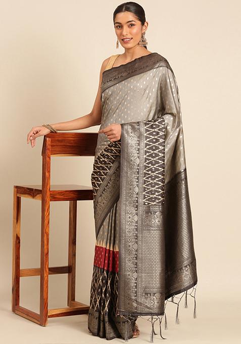 Grey Woven Design Silk Saree Set