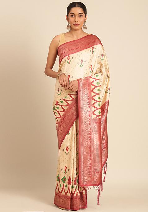 Off White Woven Design Silk Saree Set