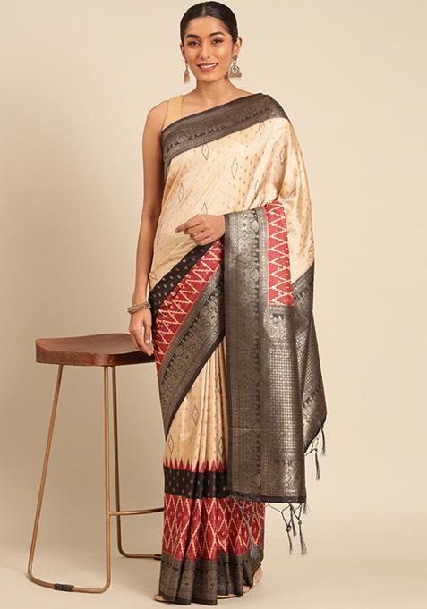 Off White Woven Design Silk Saree Set