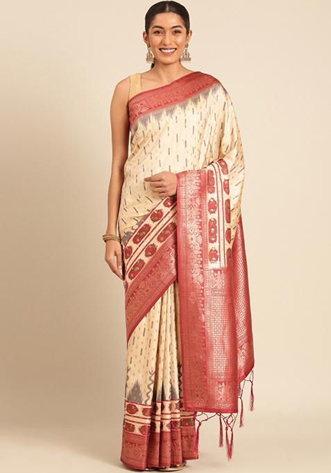 Off White Woven Work Silk Saree Set