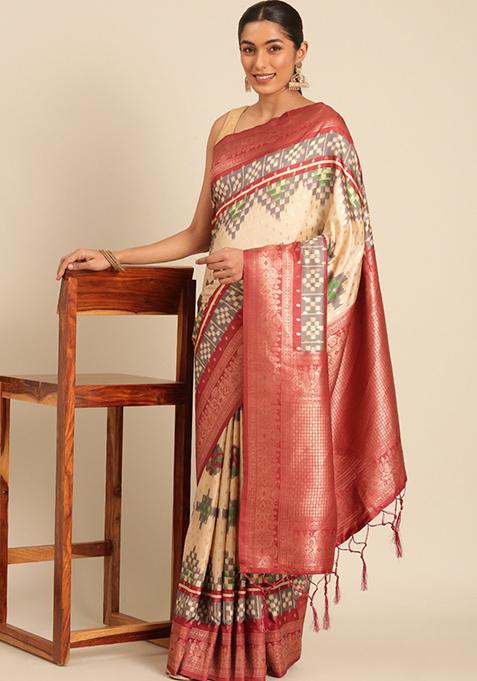 Off White Woven Design Silk Saree Set