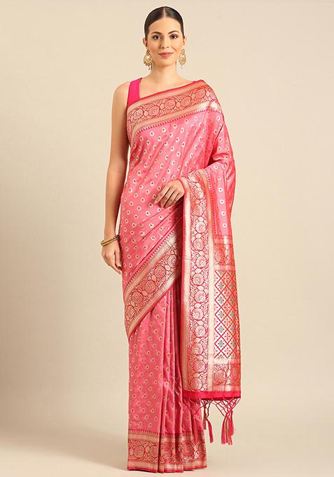 Light Pink Woven Design Banarasi Silk Saree Set