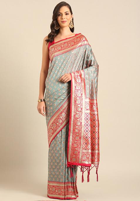 Light Grey Woven Design Banarasi Silk Saree Set