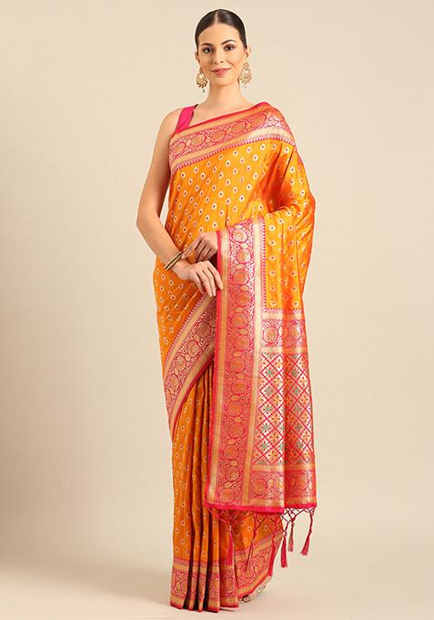 Yellow Woven Design Banarasi Silk Saree Set