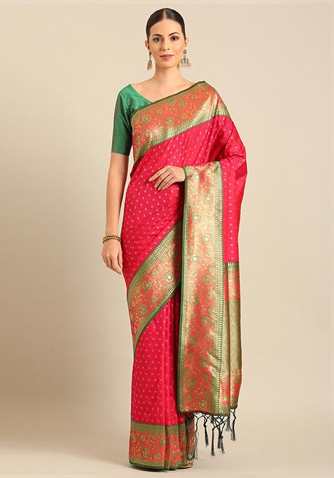 Pink Woven Design Banarasi Silk Saree Set