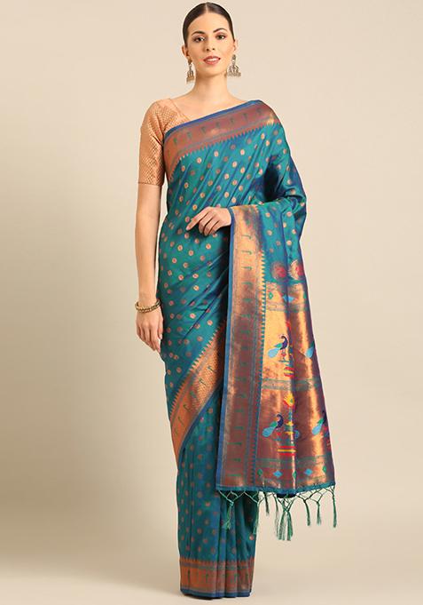 Sky Blue Woven Design Banarasi Silk Saree Set