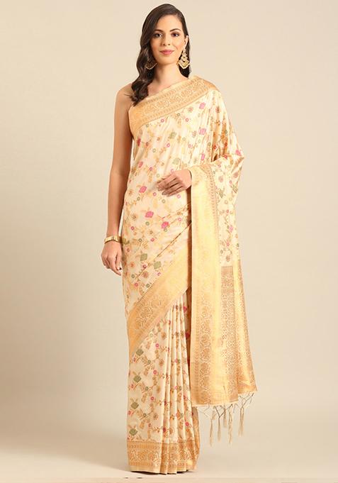 Off White Woven Design Banarasi Silk Saree Set