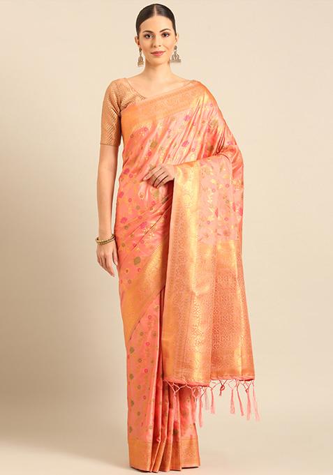 Peach Woven Design Banarasi Silk Saree Set