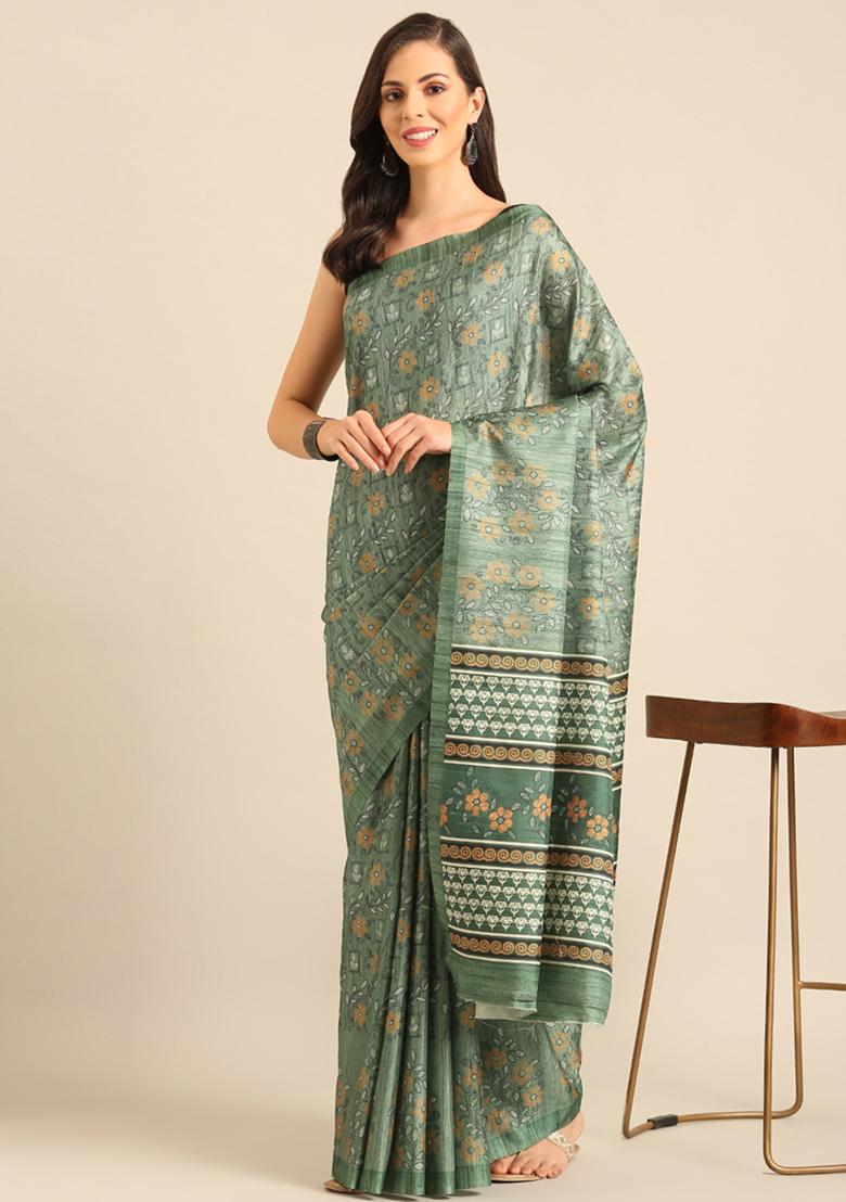 Green Woven Design Cotton Saree Set