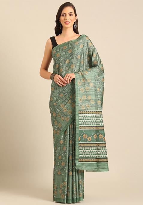 Green Woven Design Cotton Saree Set