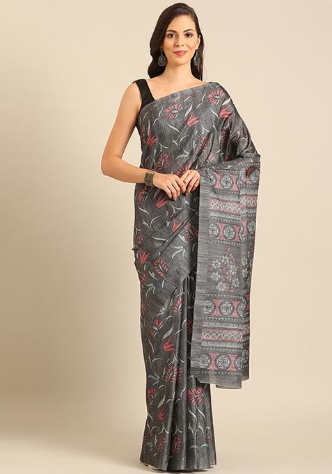 Grey Woven Work Cotton Saree Set