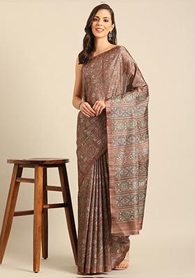 Brown Woven Design Cotton Saree Set