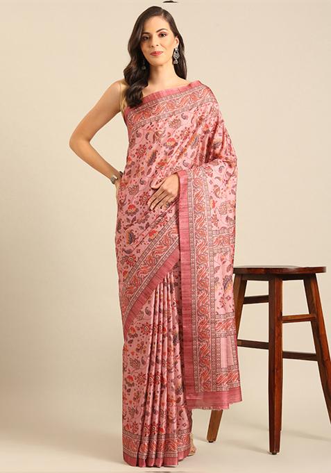 Baby Pink Woven Work Cotton Saree Set