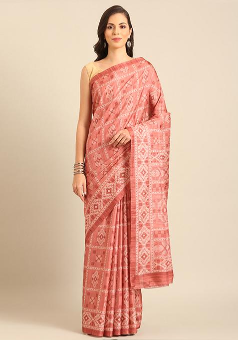 Peach Woven Work Cotton Saree Set