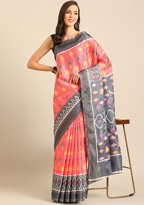 Pink Woven Design Cotton Saree Set