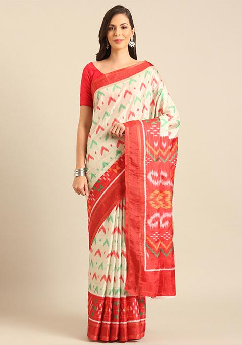 Off White Woven Design Cotton Saree Set