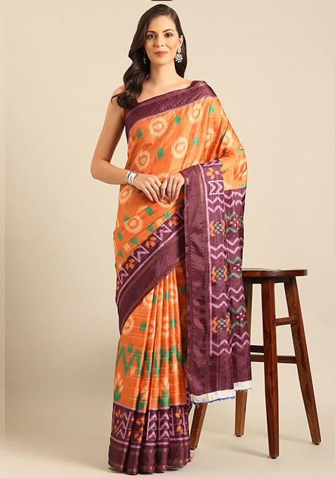 Orange Woven Design Cotton Saree Set