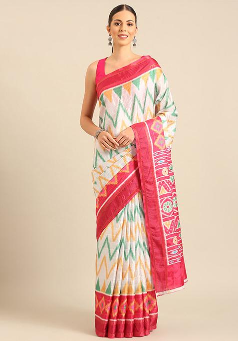 Off White Woven Design Cotton Saree Set