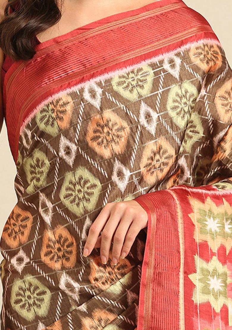Coffee Woven Design Cotton Saree Set