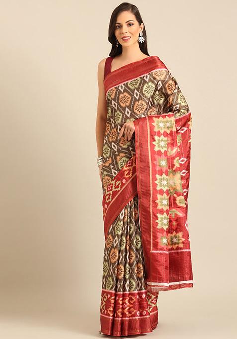 Coffee Woven Design Cotton Saree Set