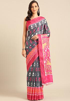 Grey Woven Design Cotton Saree Set