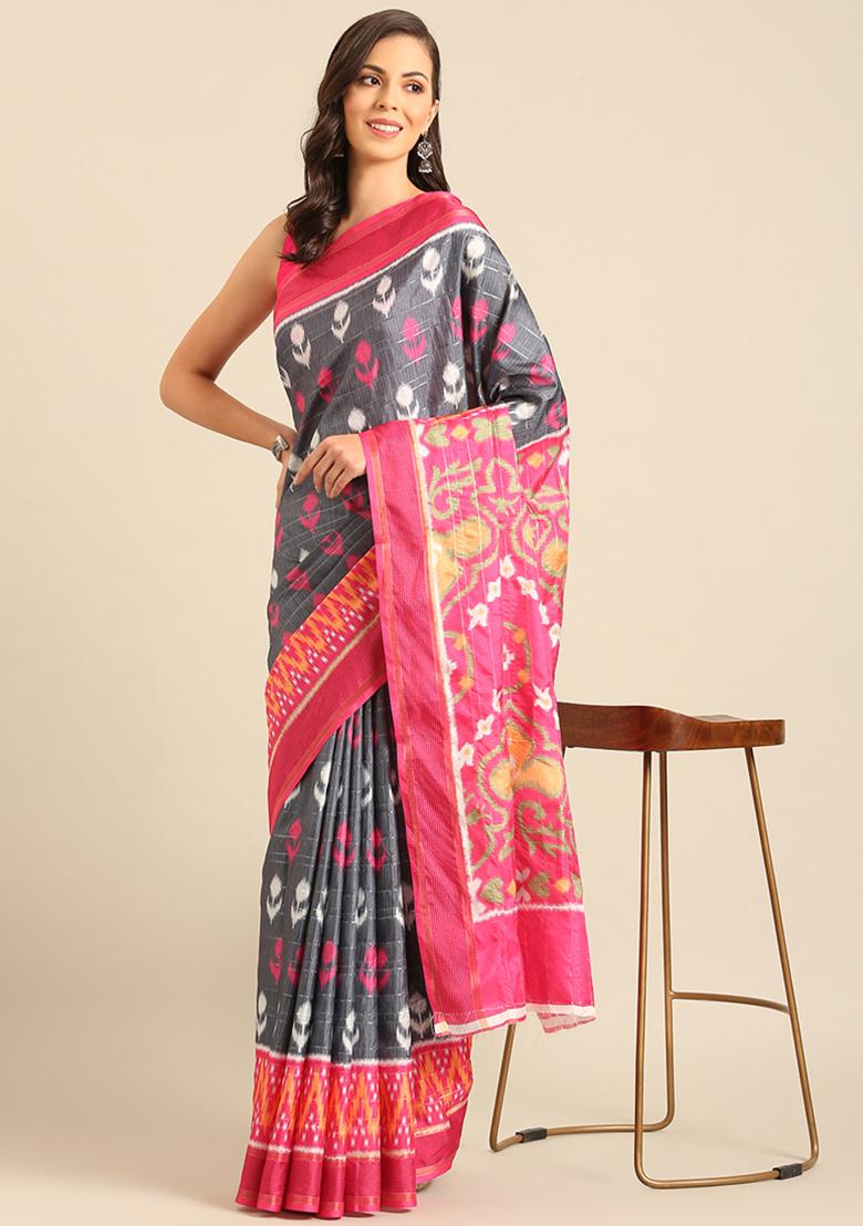 Grey Woven Design Cotton Saree Set