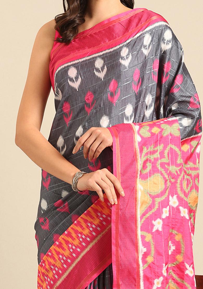 Grey Woven Design Cotton Saree Set