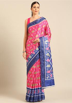 Pink Woven Design Cotton Saree Set