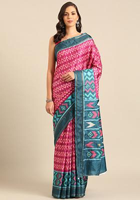 Pink Woven Design Cotton Saree Set