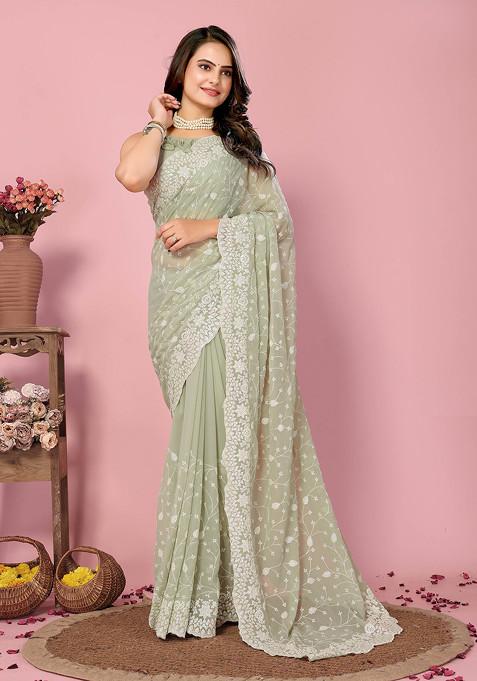 Olive Embroidered Georgette Saree Set