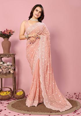 Peach Embroidered Georgette Saree Set